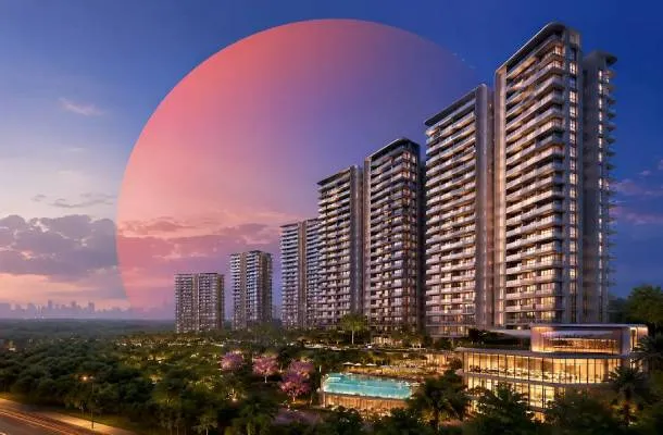Dusk render of Smartworld's newly launched residential towers in Sector 67 with a large stylized pink-orange sun graphic behind the skyline, flowering trees and a landscaped pool in the foreground, and the city skyline visible in the distance.