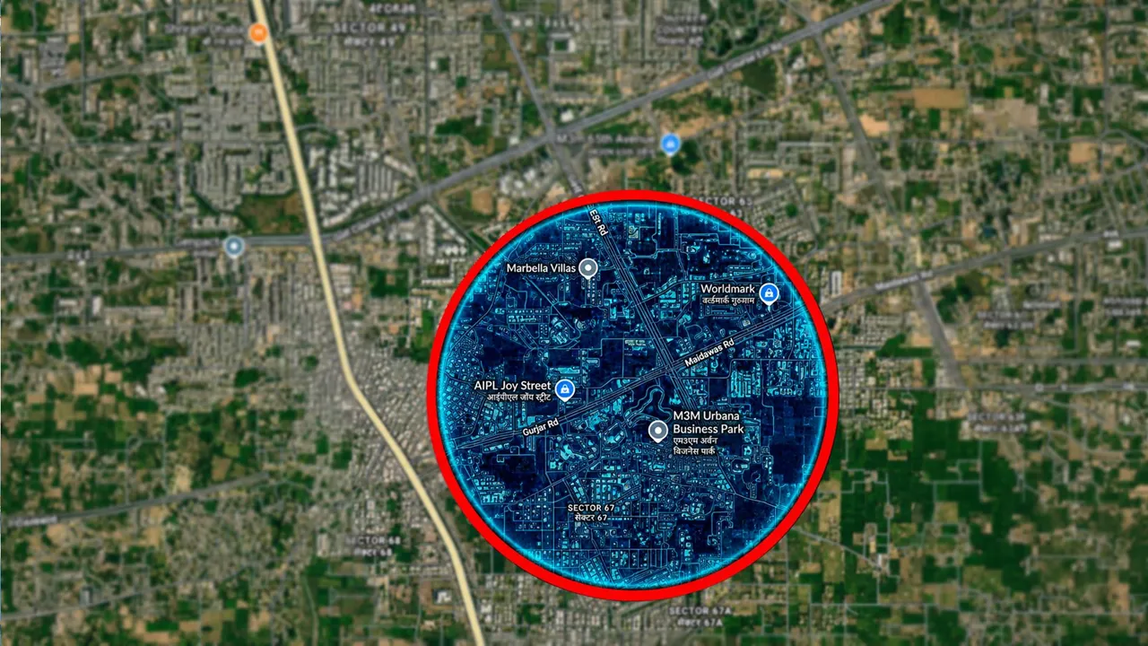 Satellite location map highlighting Smartworld's Sector 67 site within a red-ringed radius, with nearby landmarks labeled including Marbella Villas, Worldmark, AIPL Joy Street, and M3M Urbana Business Park along E-71 Road, Maidawas Road, and Gunjar Road.